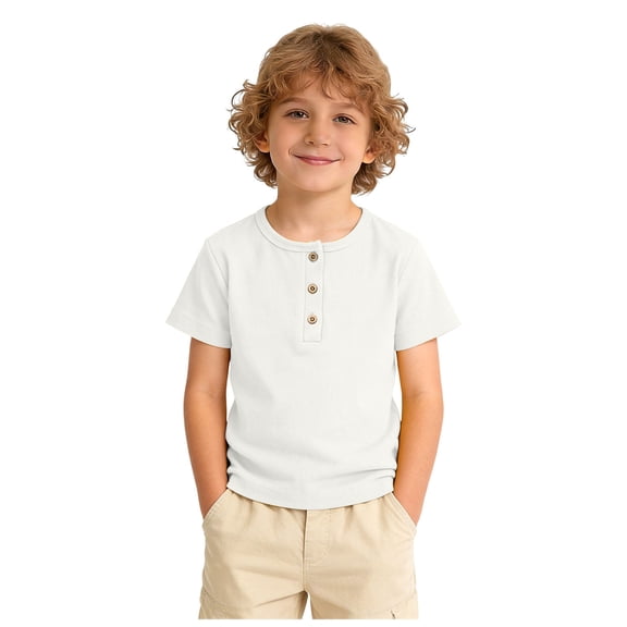 WUANDIXFA Boys Short Sleeve Shirt with 3 Button, Henley Shirt for Boys & Girls, Polo Shirt Without Collar (White, 1-2 Years)
