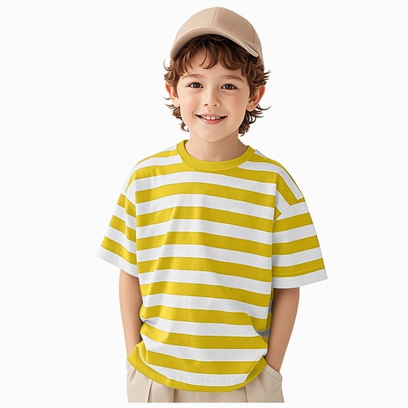WUANDIXFA Boys Short Sleeve Shirts 1-14 Years Kids Summer Crewneck Striped T-Shirts Casual Tops Tees,Yellow,12-18 Months
