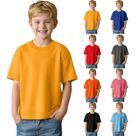 WUANDIXFA Boys Summer T Shirt Crew Neck Short Sleeve Solid Tees Comfortable Stylish Basic Tops Kids 5-14 Years (Yellow, 5-6 Years)