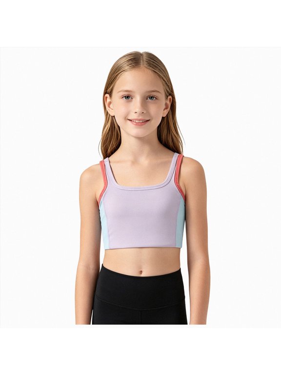 Bra for Teens Girls Sports Bras Cross Back Training Bras for Girls Padded Scoop Neck for Kids Teens Athletic Yoga Dance Crop Top,Purple,7-8 Years