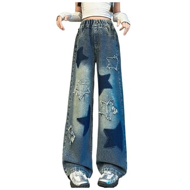 WUANDIXFA Clothes for Teen Girls Camo Print Cargo Pants Flap Pocket Mid Waist Wide Leg Casual Jeans Blue,13-14 Years