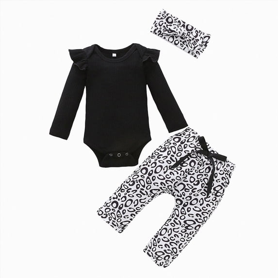 WUANDIXFA Coming Home Outfit Girl Newborn Baby Girl 3 Piece Outfit Set Long Sleeve Ribbed Bodysuit Floral Bow Jogger Pants Fall Infant Clothes,Black,3-6 Months