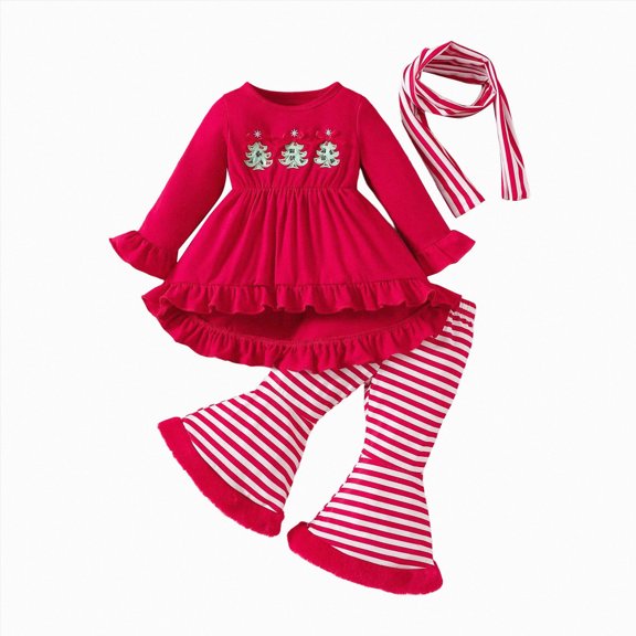 WUANDIXFA Cute Christmas Outfits for Baby Girls Comfortable Breathable Set Cute Printed Long Sleeve Top Pants Two Piece Set,Red,12-18 Months