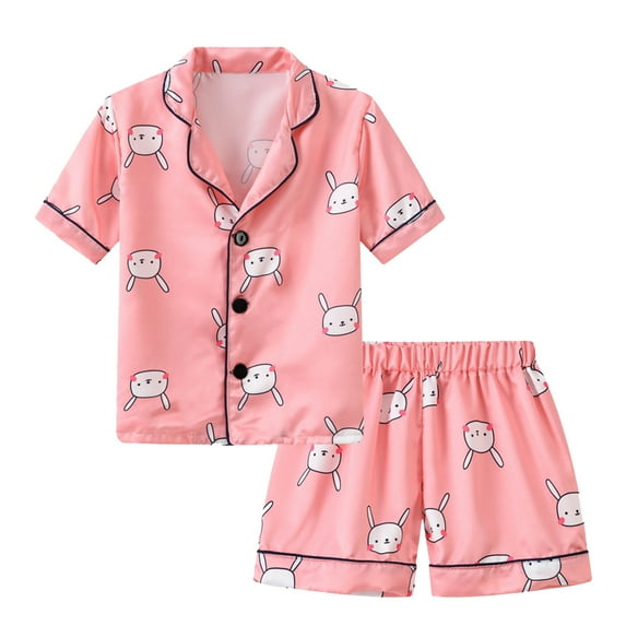 WUANDIXFA Cute Pajamas for Kids Girls Pajamas Set Soft Satin Lightweight Silk Button-Down Top with Shorts 2 Piece PJS for Boys Kids Gifts Pink,2-3 Years