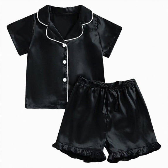 WUANDIXFA Cute Pajamas Set for Girls 1-13 Years, Kids Summer Button Down Matching Y2k Loungewear PJs Gift,Black,2-3 Years