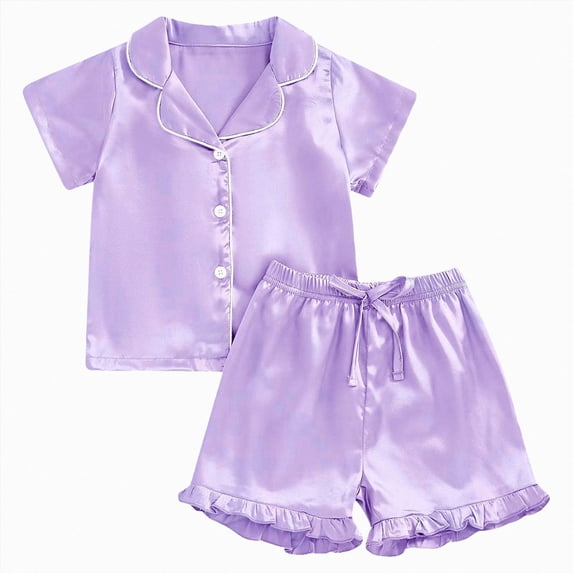 WUANDIXFA Cute Pajamas Set for Girls 1-13 Years, Kids Summer Button Down Matching Y2k Loungewear PJs Gift,Purple,2-3 Years