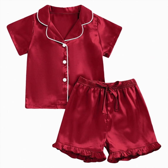 WUANDIXFA Cute Pajamas Set for Girls 1-13 Years, Kids Summer Button Down Matching Y2k Loungewear PJs Gift,Wine,8-9 Years