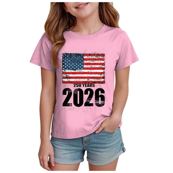 WUANDIXFA Cute Tops for Teen Girls 250 Anniversary USA Girls' United States Patriotic T-Shirt with American Flag Crewneck Short Sleeve Pink,11-12 Years