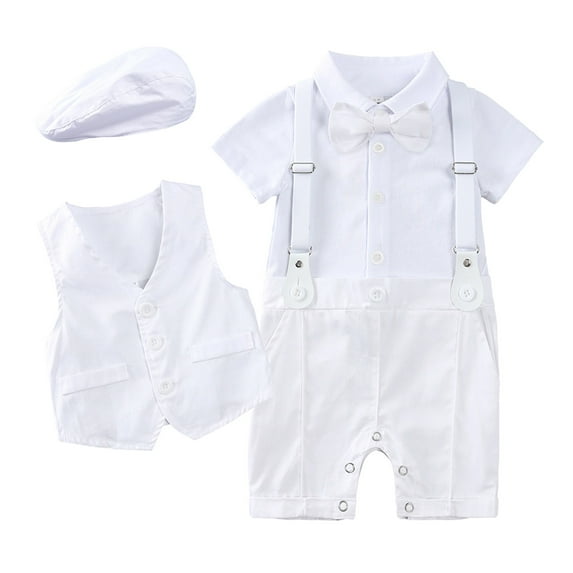 WUANDIXFA Dress Clothes Boy Baby Boys Summer Suits Short Sleeve Wedding Ring Bearer Outfits 3Pcs Graduation Dress Vest Shirt Bowtie Shorts Set White,3-6 Months