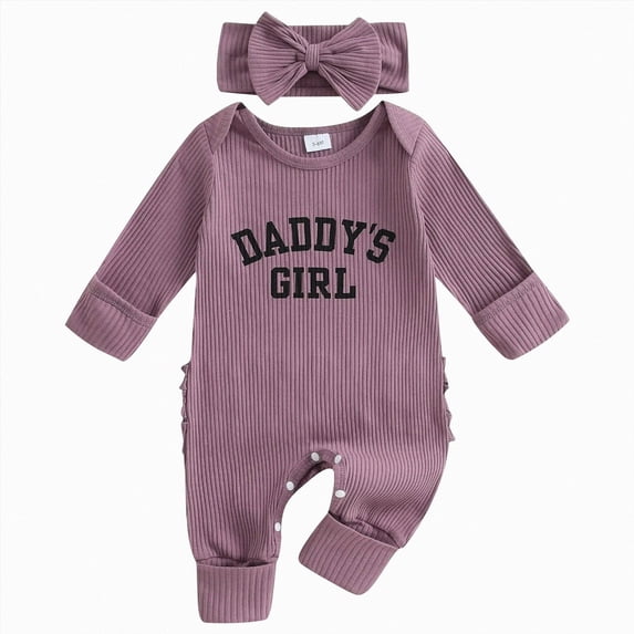 WUANDIXFA Fall Baby Girl Ruffle Bow Long Sleeve Romper Jumpsuit 6 9 12 18 24 Months Cute Newborn Infant Outfits with Headband,Purple,3-6 Months