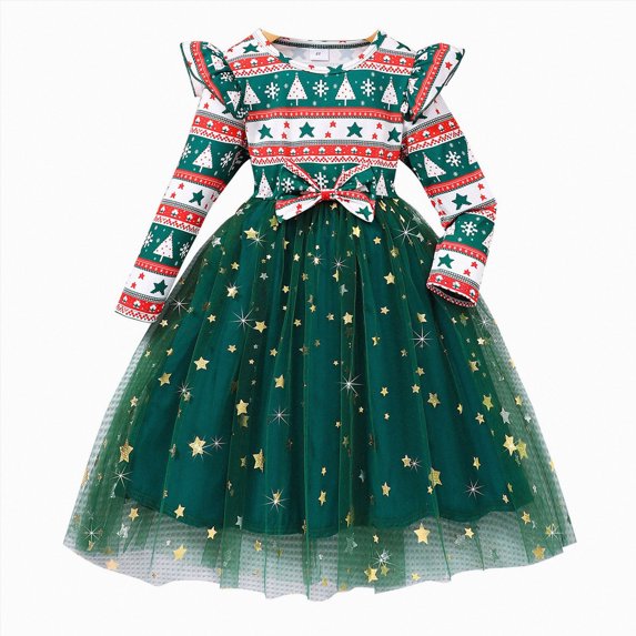 WUANDIXFA Fall Dress Girls Fashion Cute Children's Christmas Long Sleeved Round Neck Tulle Dress Party Wedding Princess Dress,Green,4 Years