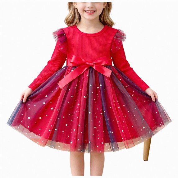 WUANDIXFA Fall Dresses for Girls Gradient Mesh Long Sleeve Birthday Dress,Red,2-3 Years