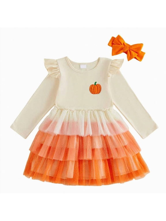 Fall Girls Dresses Cute Casual Patchwork Sheer Dress Pumpkin Little Dress,Orange,18-24 Months