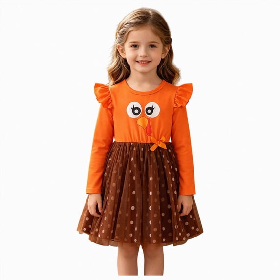 WUANDIXFA Fall Toddler Dresses Girls Thanksgiving Fashionable Long Sleeve Cute Turkey Print Dress,Orange,5-6 Years