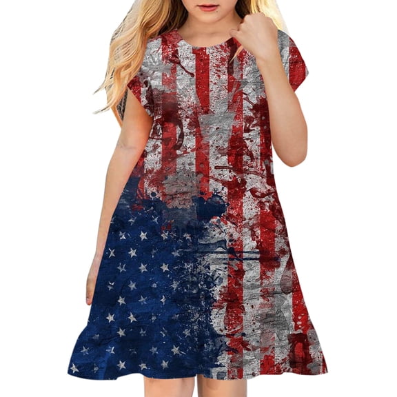 WUANDIXFA Flag Dress for Girls Baby Girl Dress Independence Day 4Th Of July 3D Graphic Printed Short Sleeve Casual Soft Party Princess Dress Summer Dress Red,3-4 Years