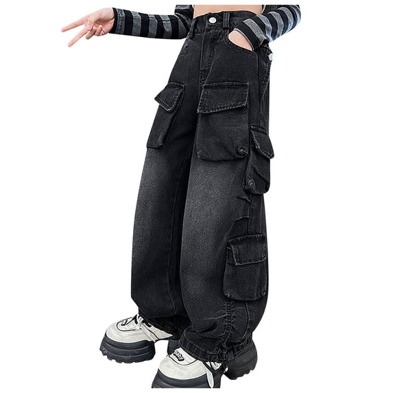 WUANDIXFA Flare Jeans for Teen Girls Kids Girls Waist Cool Ripped Jeans Washed Denim Wide Leg Ripped Denim Jean Black,9-10 Years