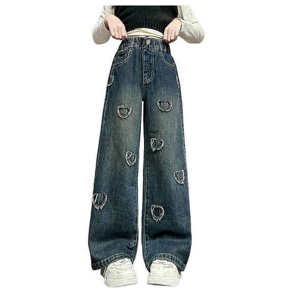 WUANDIXFA Flare Jeans for Teens Girls Flare Jeans Bell Bottom Full Length Denim Flared Pants Kids Mid Rise Band with Pockets Blue,11-12 Years
