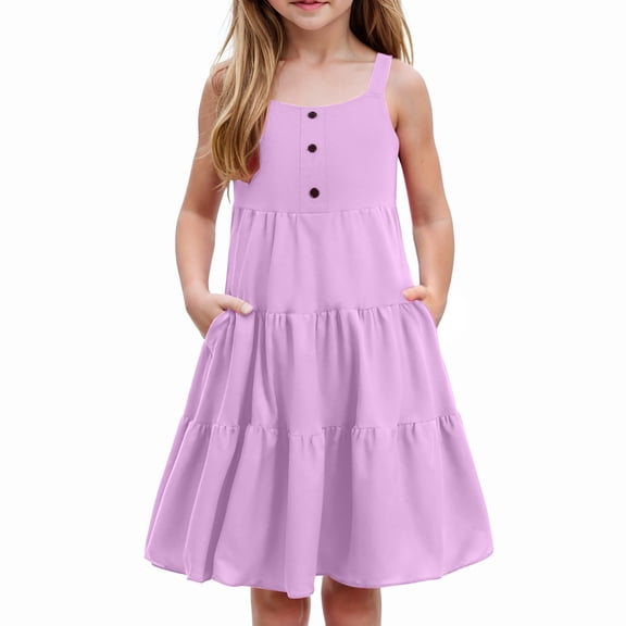 WUANDIXFA Floral Dresses for Girls Dress Girls Kids Summer Sleeveless Sundress Birthday Outfit Party Clothes Purple,7-8 Years