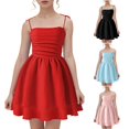 thumbnail image 1 of WUANDIXFA Girl's Smocked Ruched A Line Swing Dress Layered Tie Shoulder Flowy Cami Short Dress (Red, 11-12 Years), 1 of 8