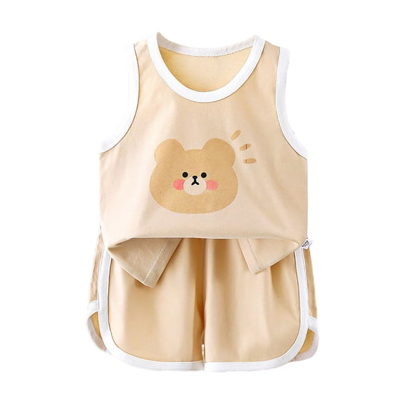 WUANDIXFA Girls 2 Piece Outfits 2026 Trendy Clothes Summer Cute Sleeveless Tops Shorts Clothing Sets Activewear (Beige, 18-24 Months)