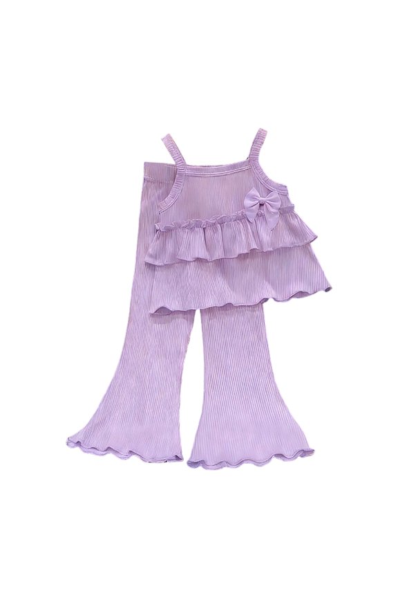 Girls 2 Piece Outfits Ruffle Halter Sleeveless Top and Elastic High Waist Ribbed Flared Pants Leggings Bell Bottoms Set (Purple, 8-9 Years)