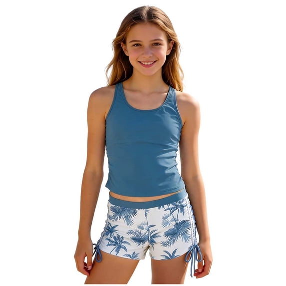 WUANDIXFA Girls Bathing Suit Girls Tankini Swimsuits Two Piece Bathing Suit Drawstring Swimwear Set for Girls 7-8 Years,Dark Blue