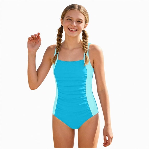 WUANDIXFA Girls Bathing Suits 7-16 Years Girls Swimsuits Padded Bathing Suit for Girls Adjustable Straps Trendy Swimwear,Blue,13-14 Years