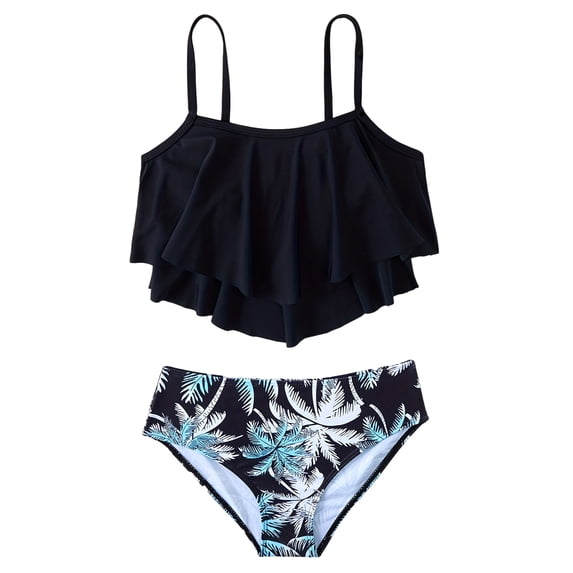 WUANDIXFA Girls Bikini 2 Piece Swimsuit Set Tiered Flounce Bathing Suit Adjustable Straps Girls' Swimwear (Black, 11-12 Years)
