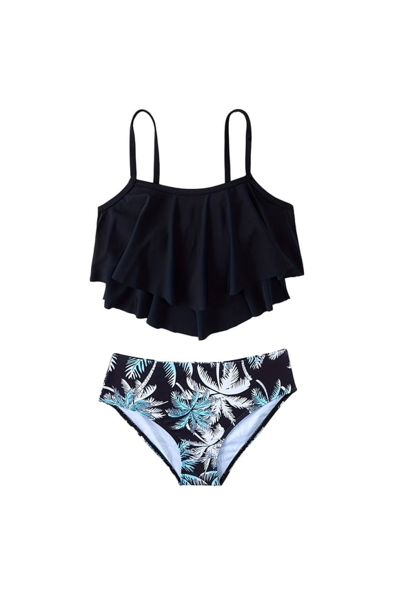 Girls Bikini 2 Piece Swimsuit Set Tiered Flounce Bathing Suit Adjustable Straps Girls' Swimwear (Black, 9-10 Years)