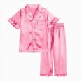 thumbnail image 1 of WUANDIXFA Girls Button Down Satin Pajama Sets 2PCS Ruffle Short Sleeve Top with Pants Sleepwear Outfit for Teens,Pink,8-9 Years, 1 of 7