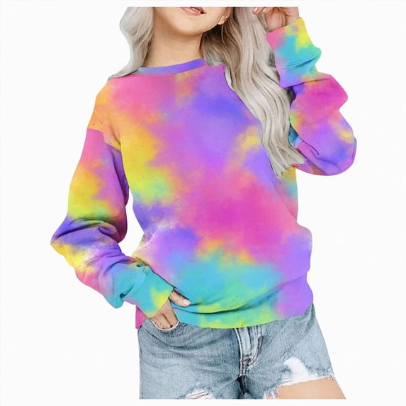 WUANDIXFA Girls Casual Crewneck Sweatshirts 2-14 Years Long Sleeve Color Block Loose Fit Fall Cute Pullover Tops,Purple,7-8 Years