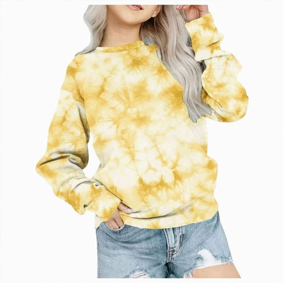 WUANDIXFA Girls Casual Crewneck Sweatshirts 2-14 Years Long Sleeve Color Block Loose Fit Fall Cute Pullover Tops,Yellow,11-12 Years