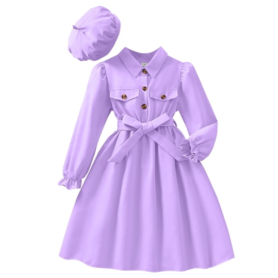 WUANDIXFA Girls Long Sleeve Dress with Hat, Lapel Collar Button Down Midi Dress Swing Casual Dresses with Belt (Purple, 7-8 Years)