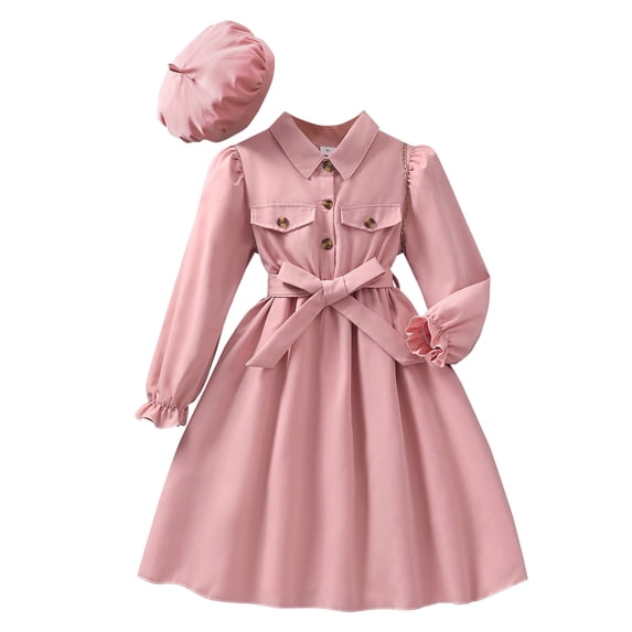 WUANDIXFA Girls Long Sleeve Dress with Hat, Lapel Collar Button Down Midi Dress Swing Casual Dresses with Belt (Red, 10-11 Years)