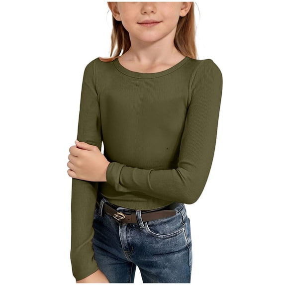 WUANDIXFA Girls Long Sleeve Shirts Crewneck Ruched Side Slim Fit Tops Ribbed Knit Casual Tee Shirt 4-15 Years (Army Green, 7-8 Years)