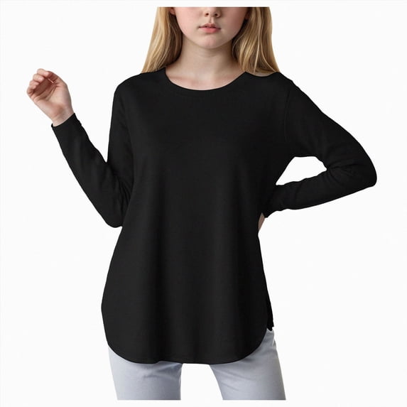 WUANDIXFA Girls Long Sleeve T Shirts 4-11 Years Kids Fall Tops Crewneck Basic Tees Solid Color T Shirts,Black,5-6 Years