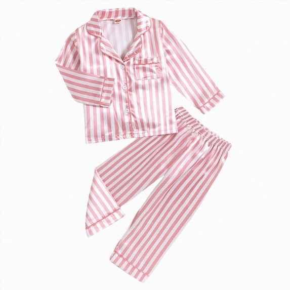 WUANDIXFA Girls Pajamas Satin Pajama Set Silky Pjs Long Sleeve Button Down Sleepwear Loungewear Sets for Kids Toddler Summer Pajamas,Pink,2-3 Years