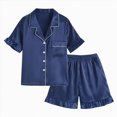 thumbnail image 1 of WUANDIXFA Girls Pajamas Silk Satin Pajama 4-15 Years Sleepwear Button Down Pj Set Loungewear Ruffle Sleepwear,Navy,8-9 Years, 1 of 8