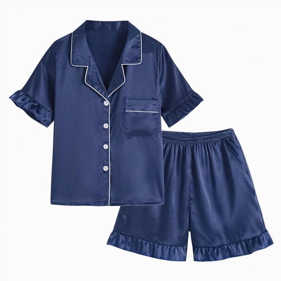 WUANDIXFA Girls Pajamas Silk Satin Pajama 4-15 Years Sleepwear Button Down Pj Set Loungewear Ruffle Sleepwear,Navy,8-9 Years