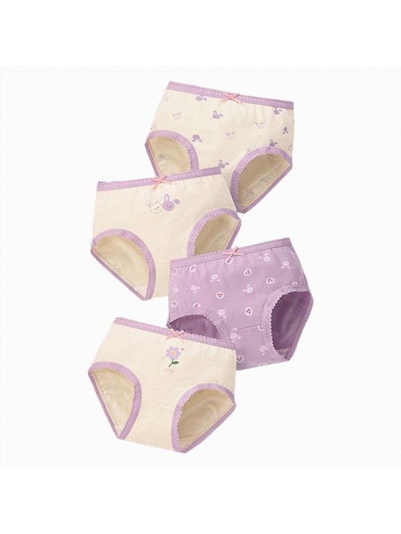 Girls Potty Training Panties 4 Pack for 1-8 Years, Seamless Organic Cotton Underwear, Adorable Princess Fruit Cartoon Prints Purple,1-2 Years