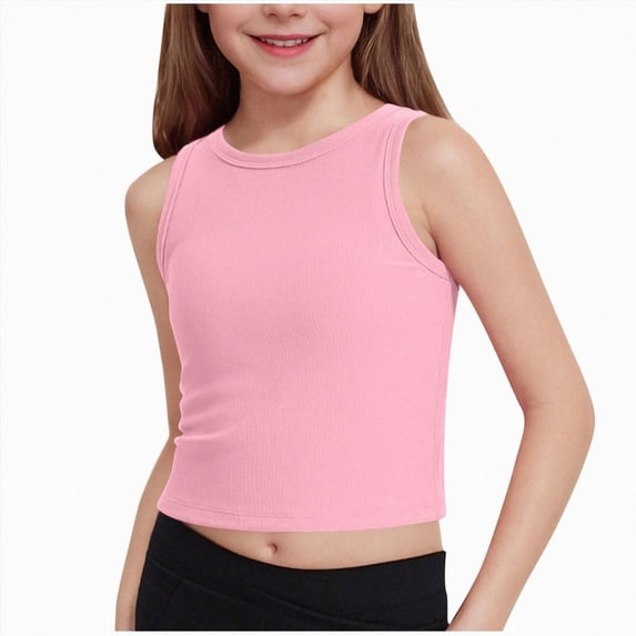WUANDIXFA Girls Racerback Crop Tank Tops 5-16 Years High Neck Dance Yoga Athletic Casual Tight Kids Teen,Pink,7-8 Years