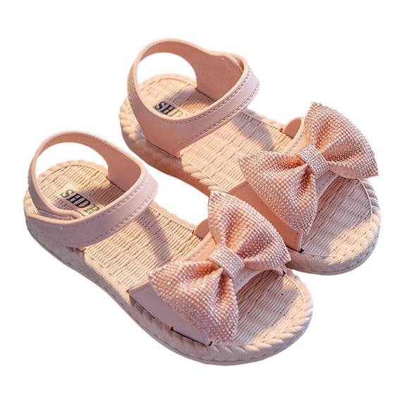 WUANDIXFA Girls Sandals Girls Sandals Flower Girl Dress Shoes Open Toe Bow Ankle Strap Flat Sandals Wedding Party Shoes Size US 1,Pink