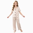 thumbnail image 1 of WUANDIXFA Girls Satin Pajama Set 2PCS Short Sleeve Button Down Shirts and Pants Loungrwear Kids,Yellow,4-5 Years, 1 of 4