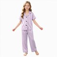 thumbnail image 1 of WUANDIXFA Girls Satin Pajama Set Short Sleeve Button Down Shirts and Pants Sleepwear Outfits Kids,Purple,12-18 Months, 1 of 4