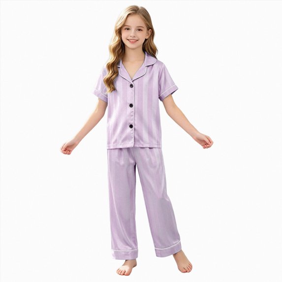 WUANDIXFA Girls Satin Pajama Set Short Sleeve Button Down Shirts and Pants Sleepwear Outfits Kids,Purple,12-18 Months