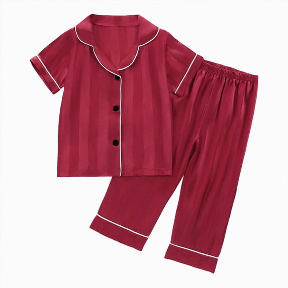 WUANDIXFA Girls Satin Pajama Set Short Sleeve Button Down Shirts and Pants Sleepwear Outfits Kids,Red,18-24 Months