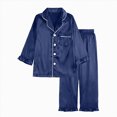 thumbnail image 1 of WUANDIXFA Girls Satin Silk Pajamas, Cute Soft Silk Fashion Sleepwear, 2 Piece Long Sleeve Shirt Pant Pajama Sets for Girls,Navy,11-12 Years, 1 of 9