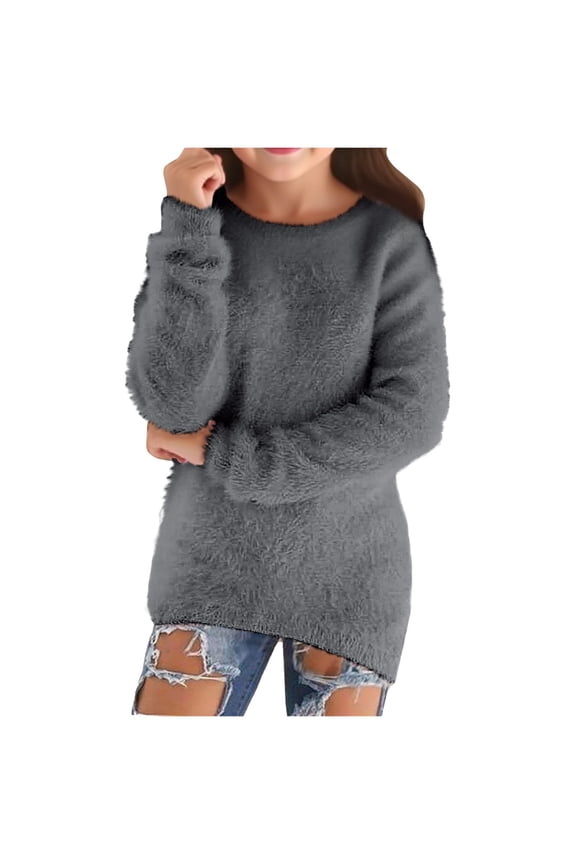 Girls Sweaters 2026 Winter Fashion Casual Lightweight Long Sleeve Cozy Pullovers Loose Fluffy Fuzzy Jumper Sweater (Grey, 15-16 Years)