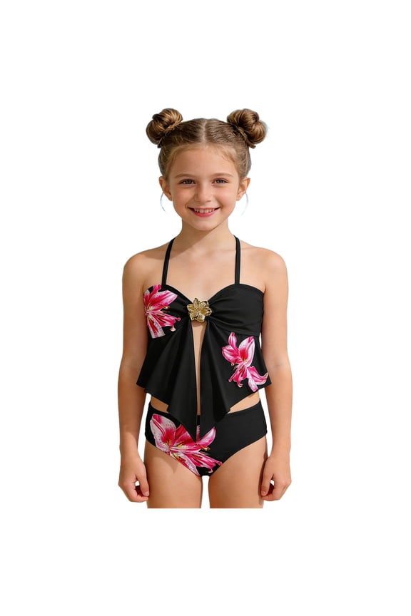 Girls' Swimwear Girls Tankini Swimsuit High Waisted Bathing Suit Two Piece Teen Swimsuits Ruffle Top Cute Girls' Swimwear 11-12 Years,Black
