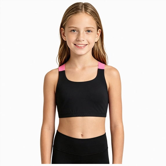WUANDIXFA Girls' Training Bras Girls Training Bra Seamless Sports Bras for Teens Girls with Racerback Removable Pads,Black,9-10 Years